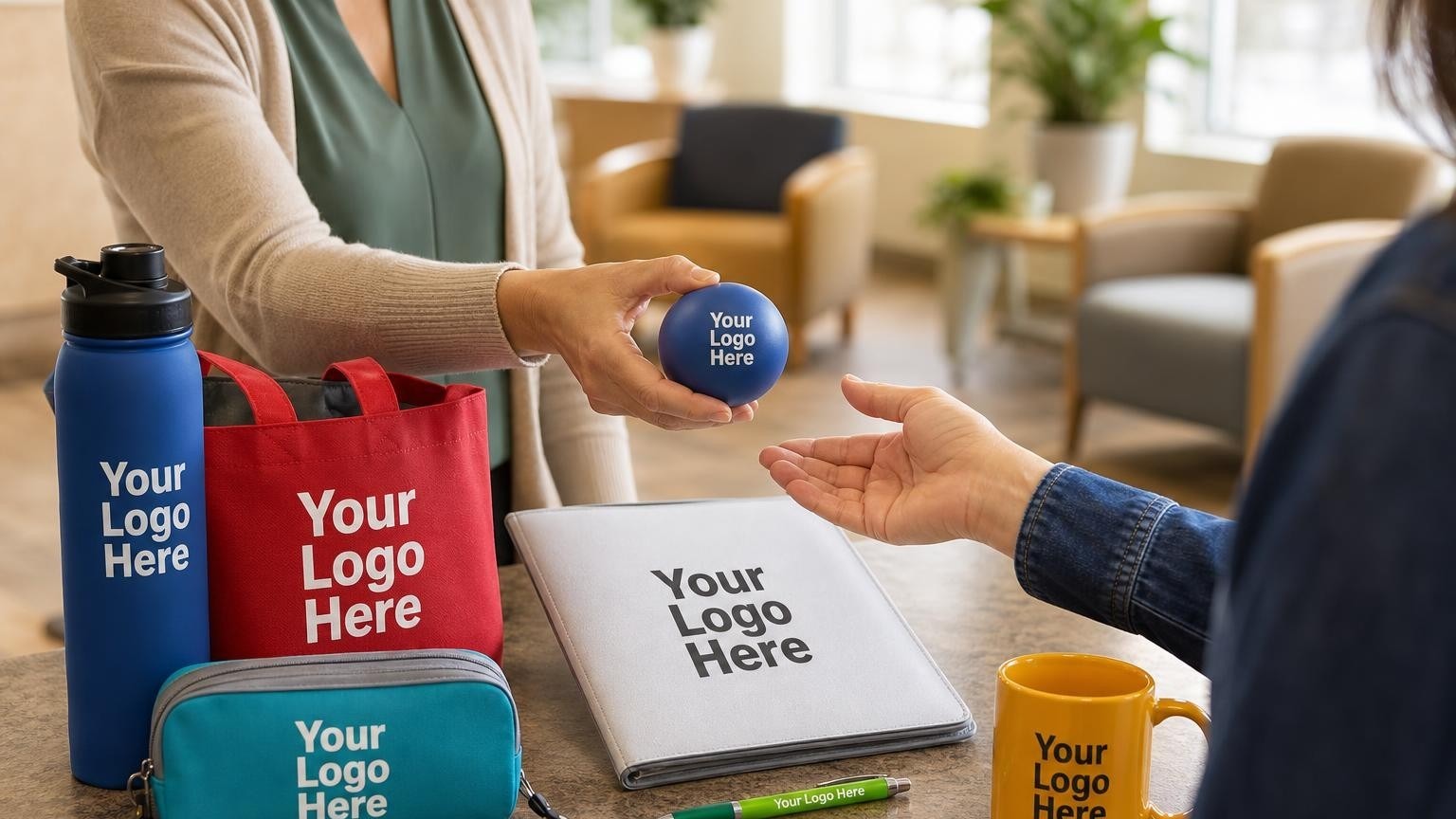 A custom tactile stress ball resting on a welcome packet on a clinic check-in counter.