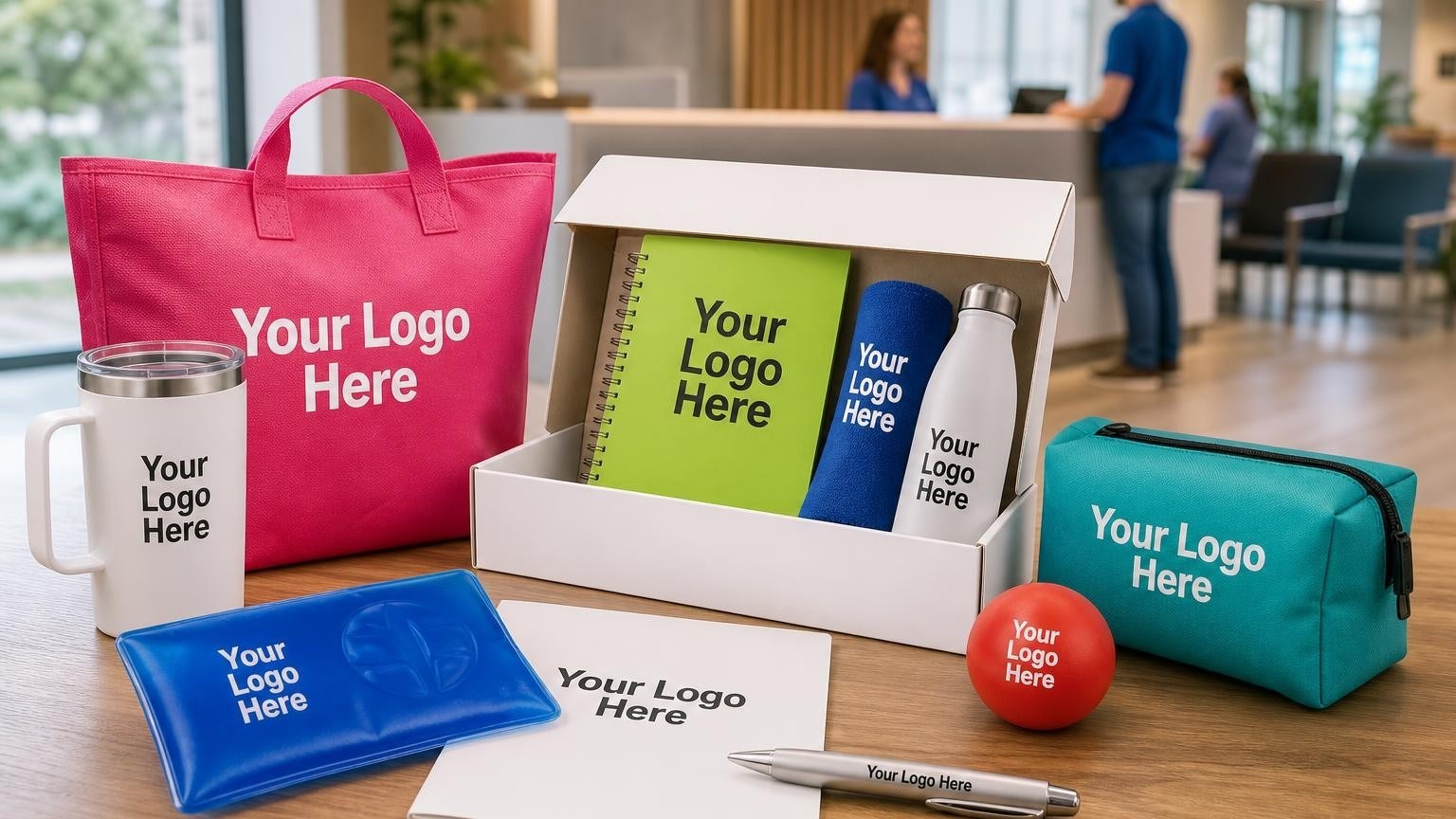A custom blue gel cold pack and patient folder on an orthopedic clinic desk.