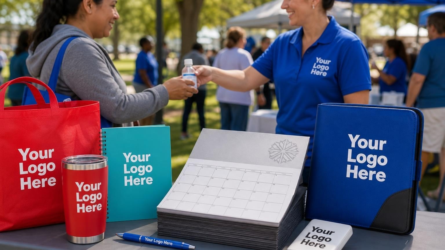 Custom magnetic calendars and hand sanitizers on a folding table at a community park outreach event with staff in branded shirts.