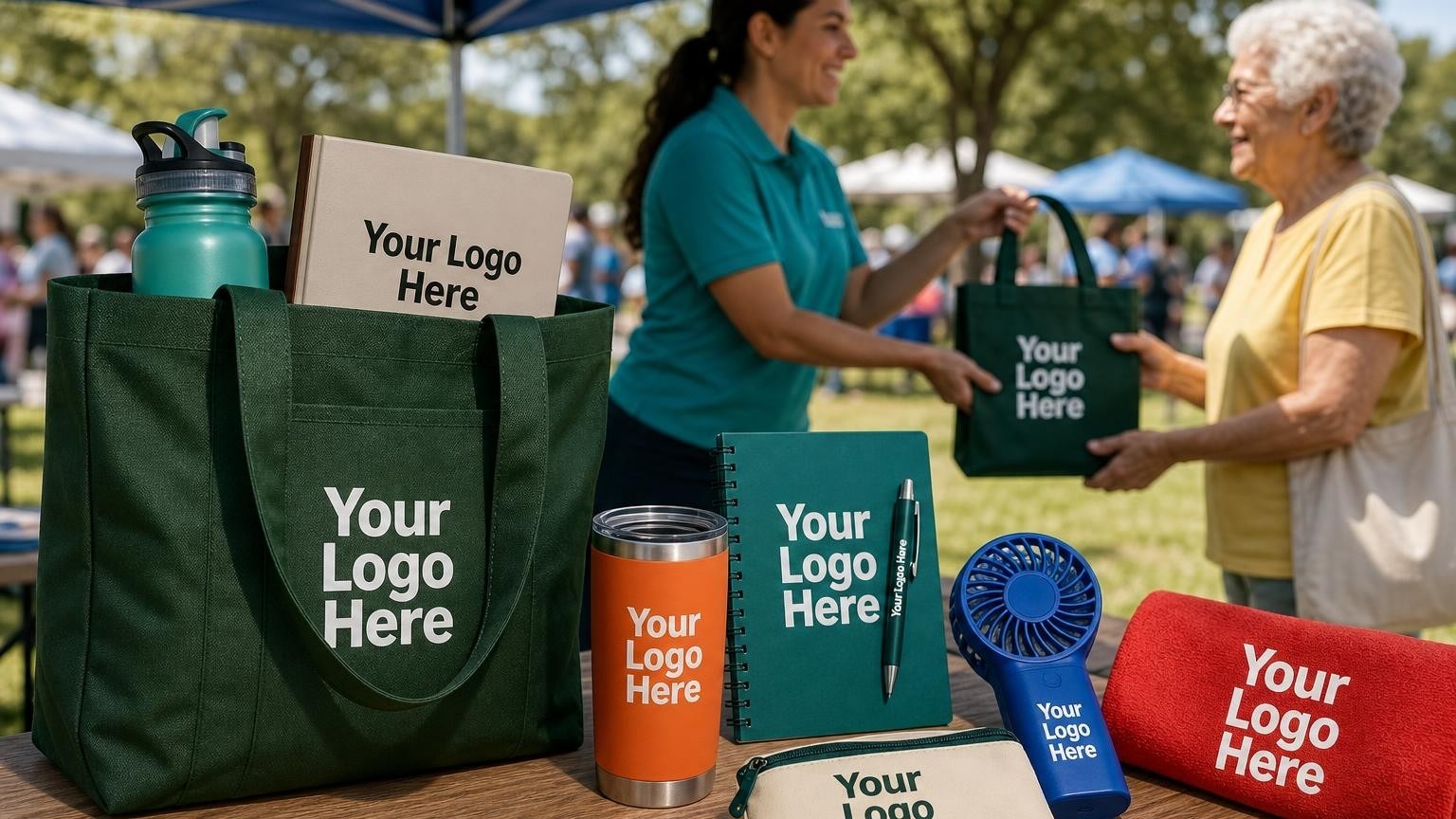 A custom green canvas tote bag and reusable water bottle displayed on an outreach table at an outdoor community health fair.