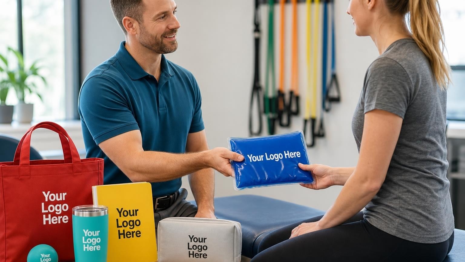 A physical therapist hands a custom-branded gel ice pack to a patient in a modern clinical treatment room.