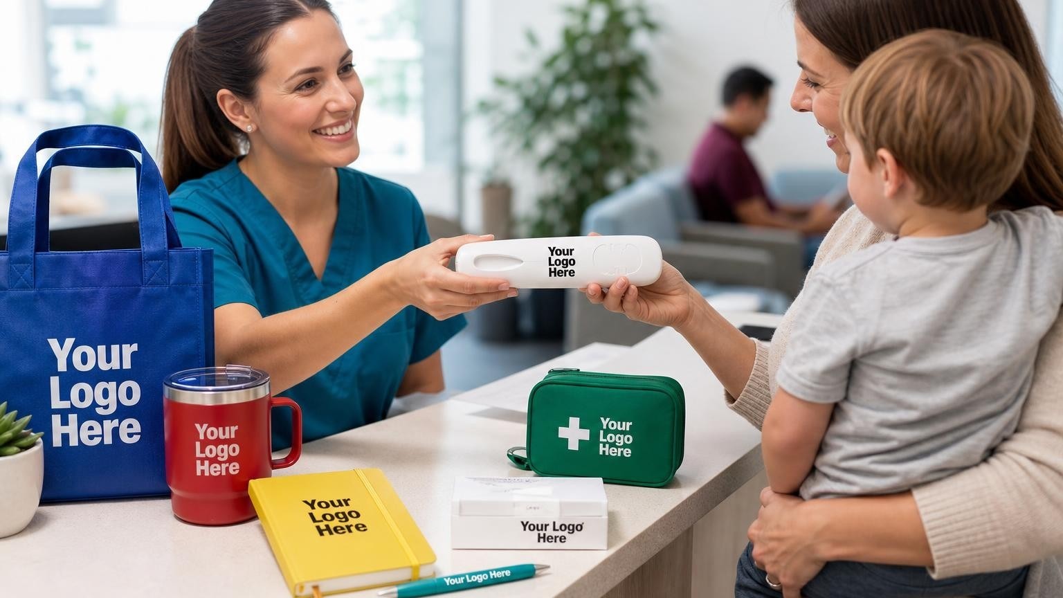 A custom-branded digital thermometer on an urgent care clinic reception desk being handed to a parent.