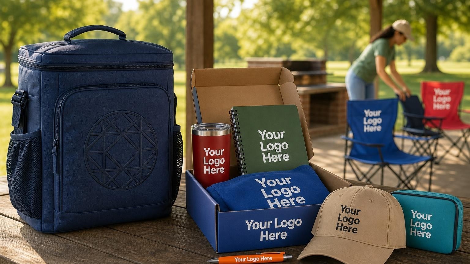 A custom insulated cooler backpack sitting on a wooden picnic table under a park pavilion during morning setup.