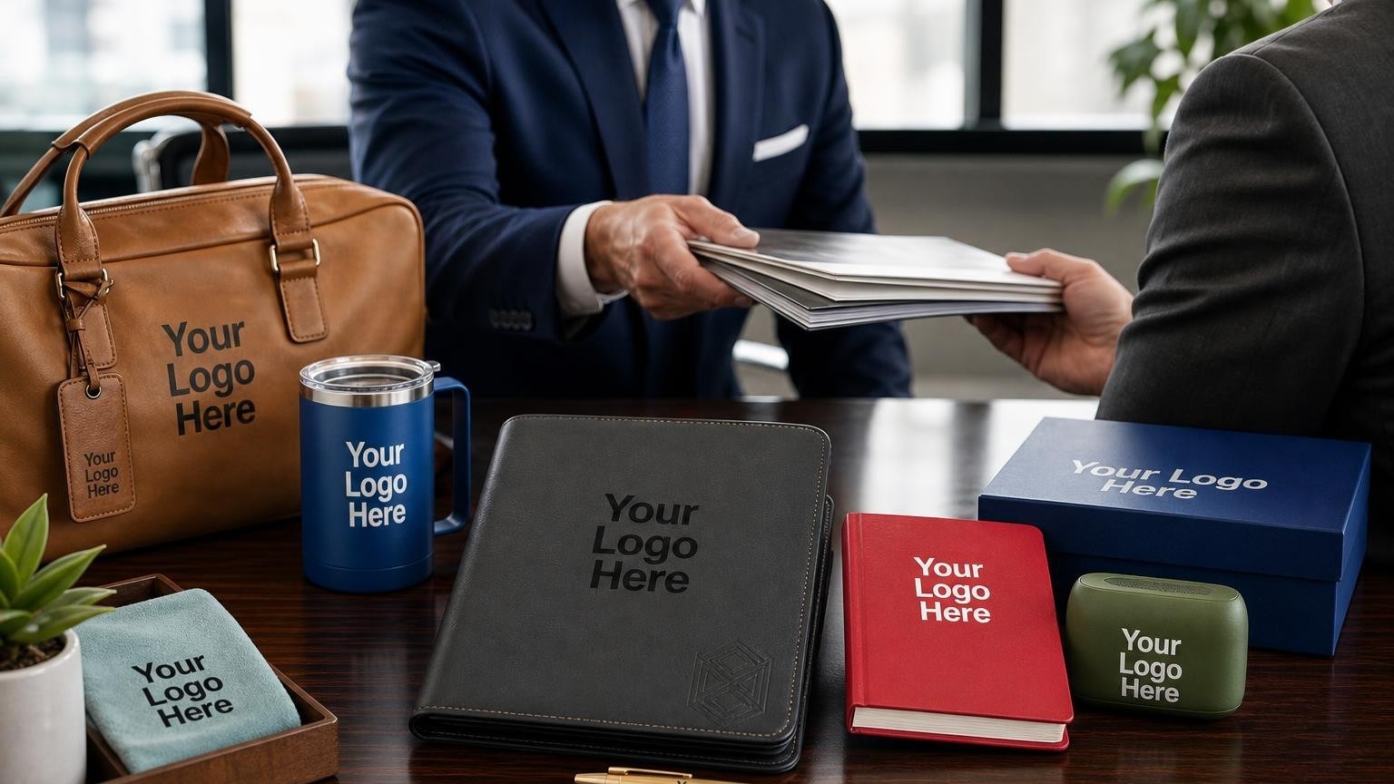 A high-end debossed leather portfolio and brass-barrel pen on a boardroom table during a compliance client kickoff meeting.