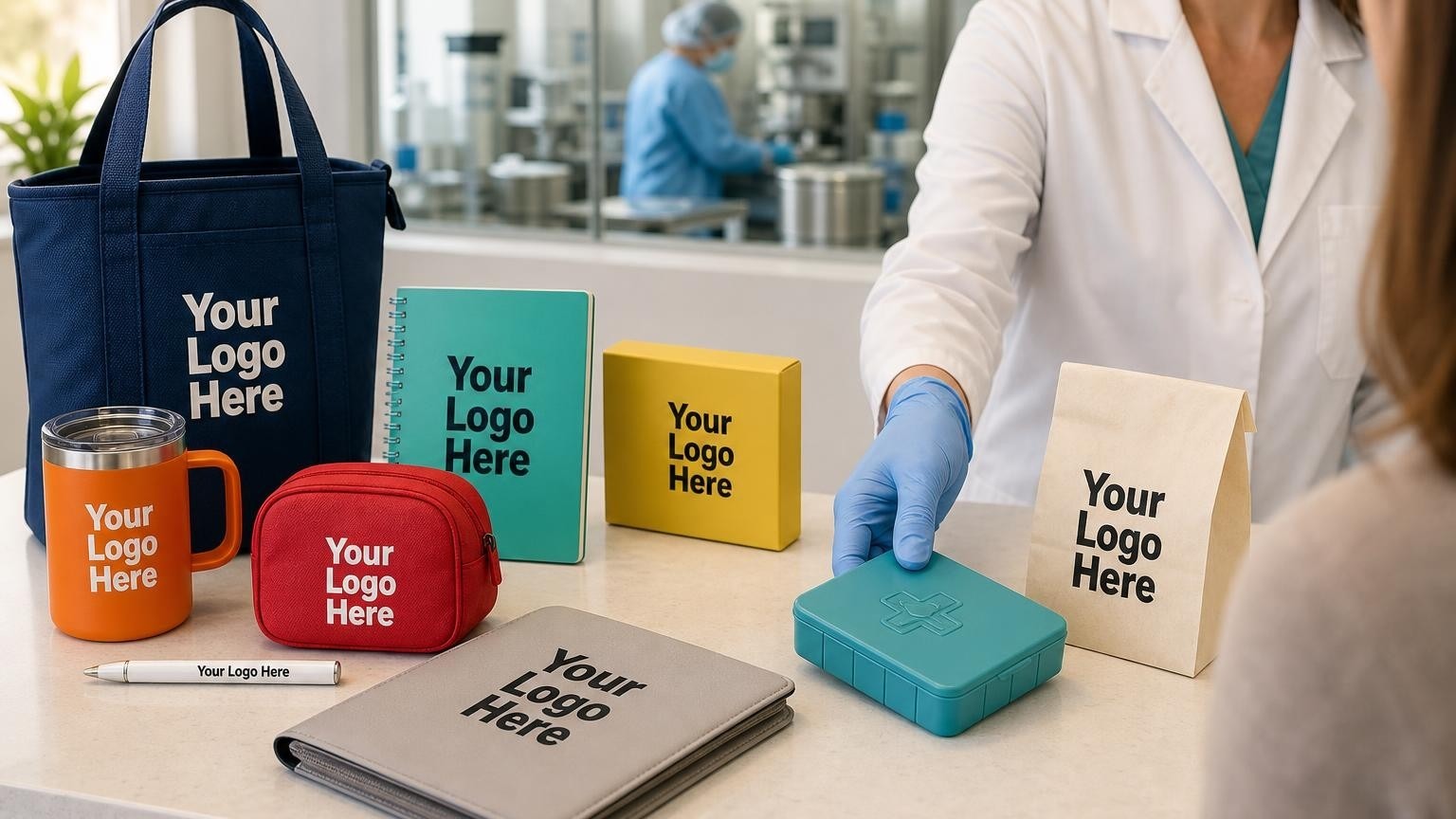 A customized multi-compartment pill box on a compounding pharmacy counter with a sterile cleanroom in the background.