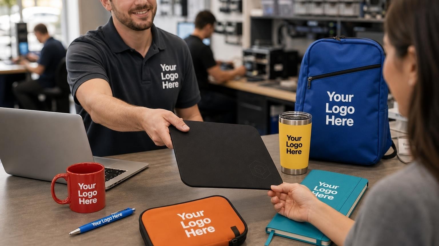 A custom-printed mouse pad being handed to a customer at a computer repair shop service counter.