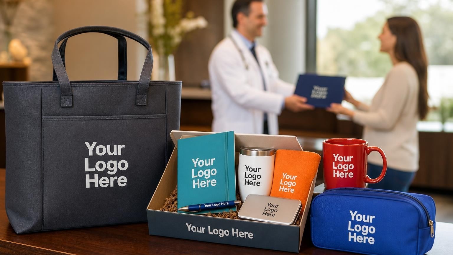 A high-end custom canvas welcome tote bag resting on a polished reception desk in a quiet, luxury boutique clinic lobby.