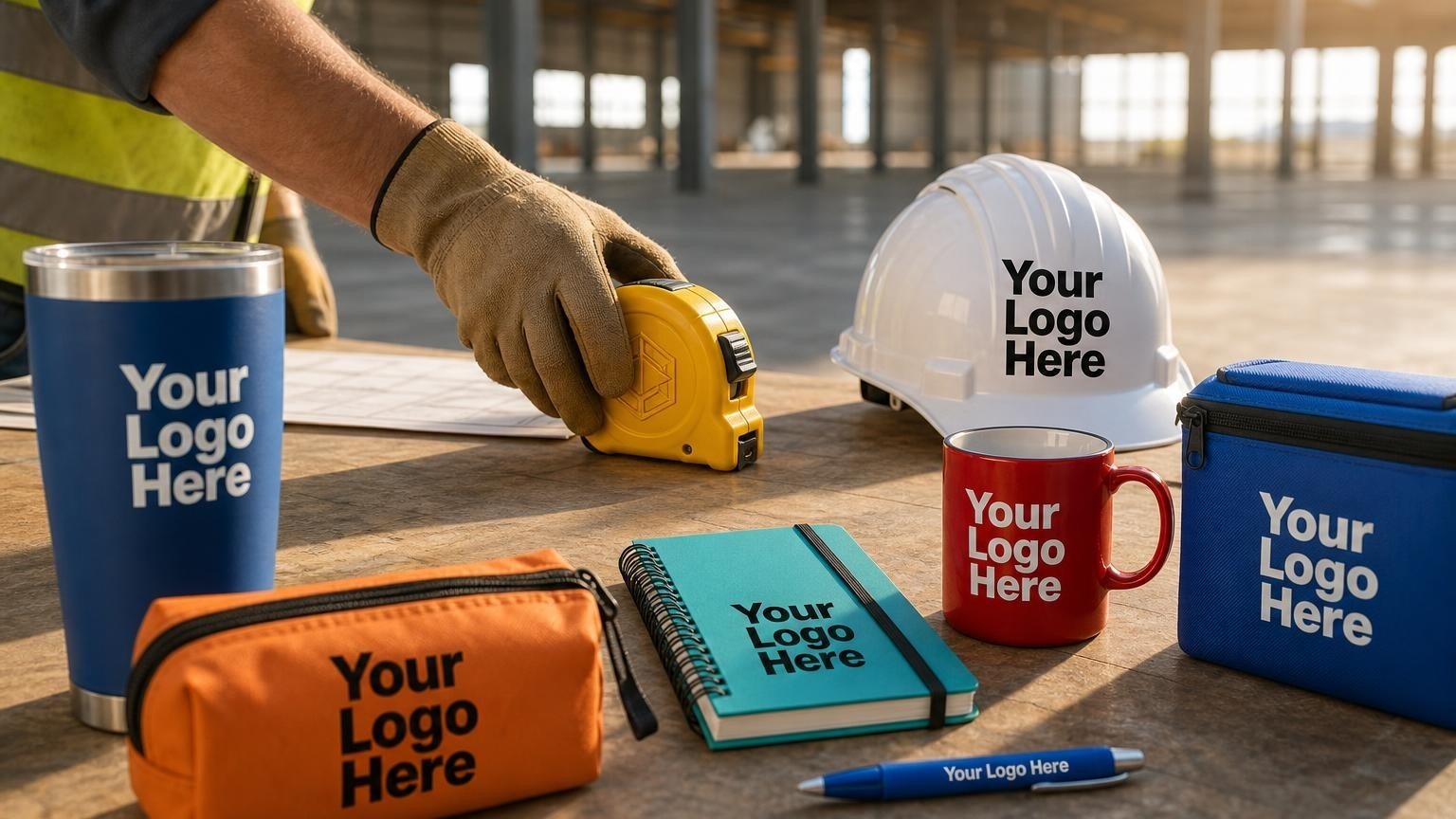 A custom-branded heavy-duty tape measure resting on a blueprint table on a commercial concrete jobsite.