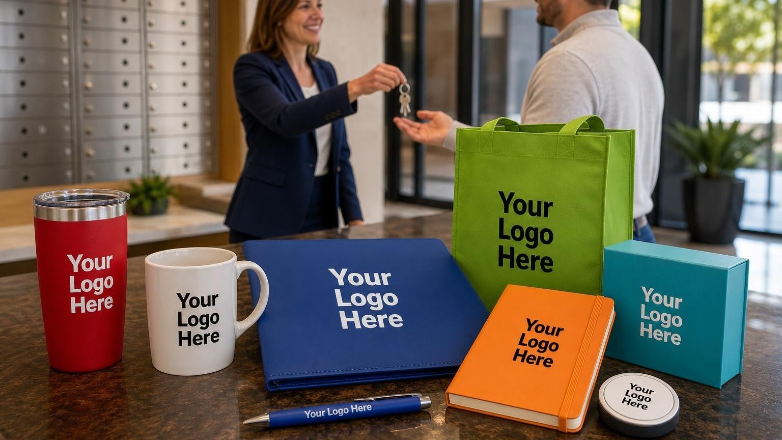 A custom ceramic mug and welcome folder on a lobby counter as a condo manager hands keys to a new resident.