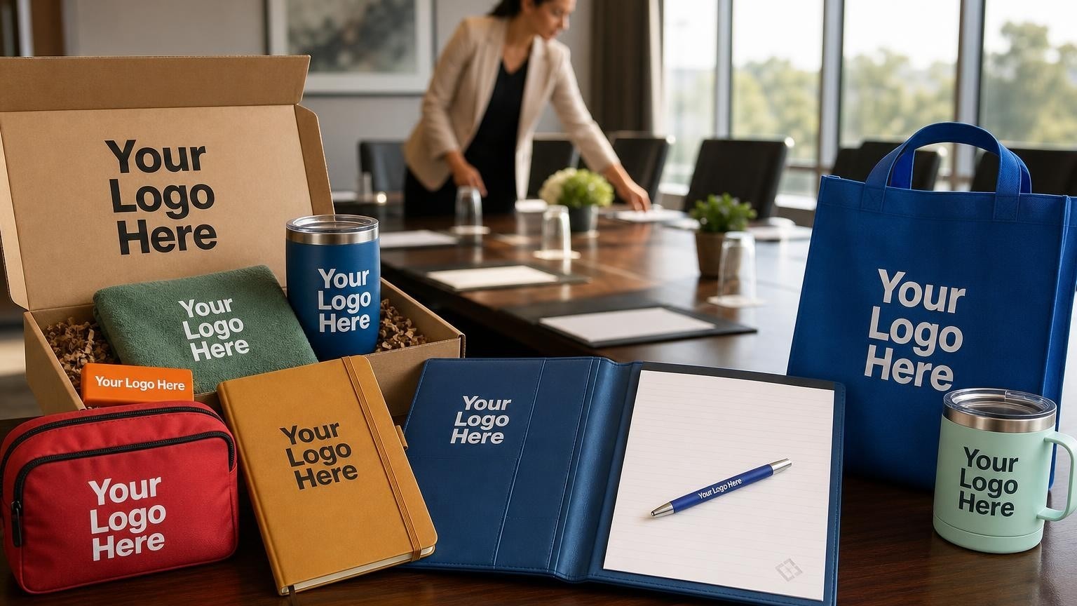 An open executive-grade leather padfolio and metal pen on a conference table with a blurred background of a venue setup.