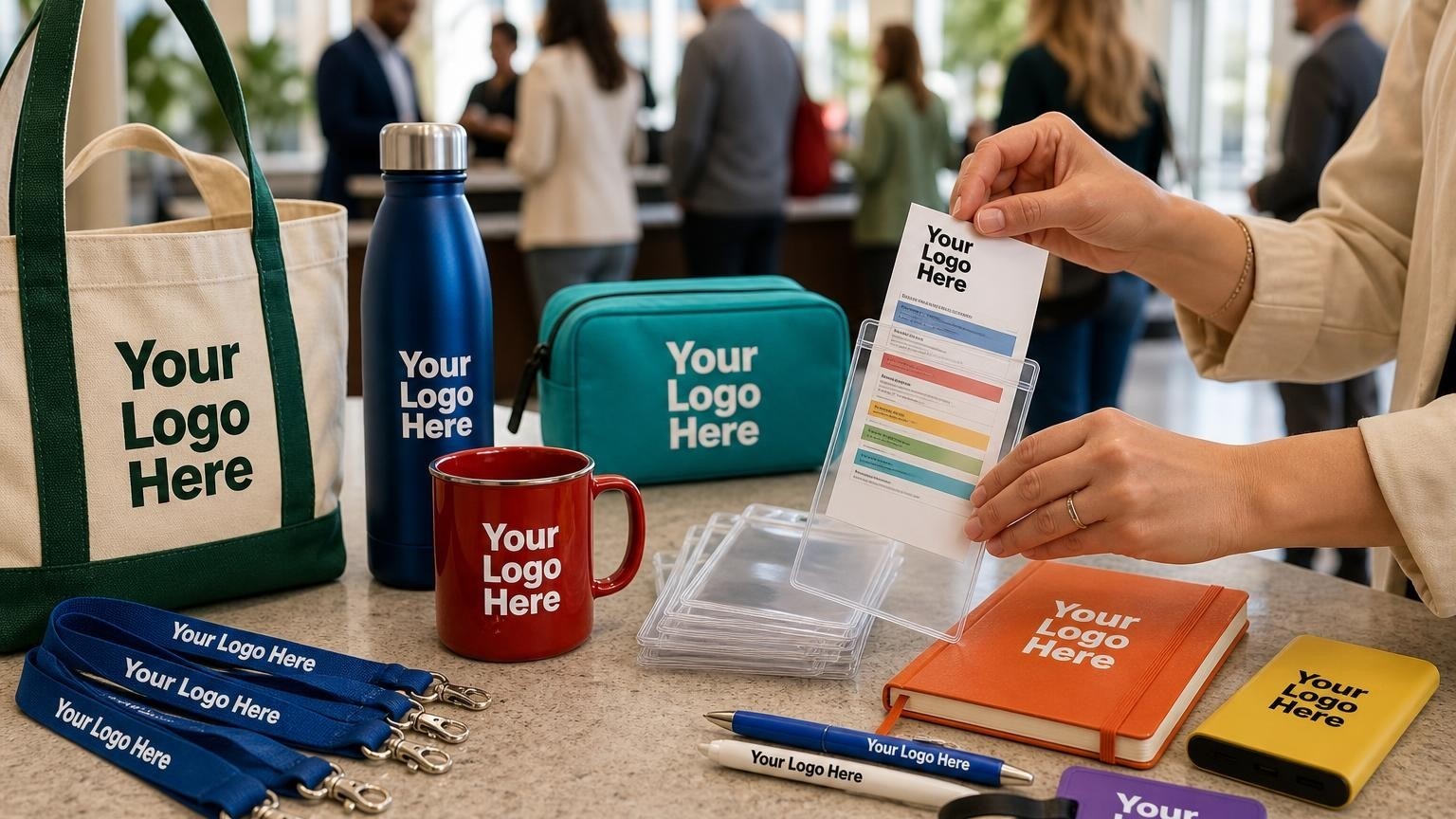 Custom lanyards and clear badge holders arranged neatly on a conference registration desk during morning check-in.
