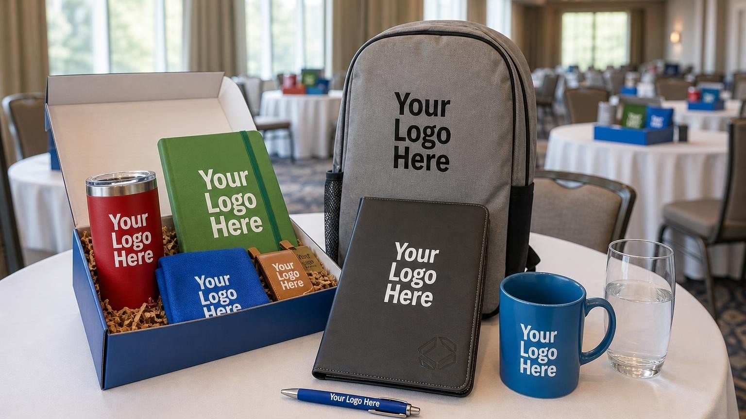 A charcoal grey professional portfolio with a subtle debossed emblem resting on a table in a bright hotel ballroom before an industry conference.
