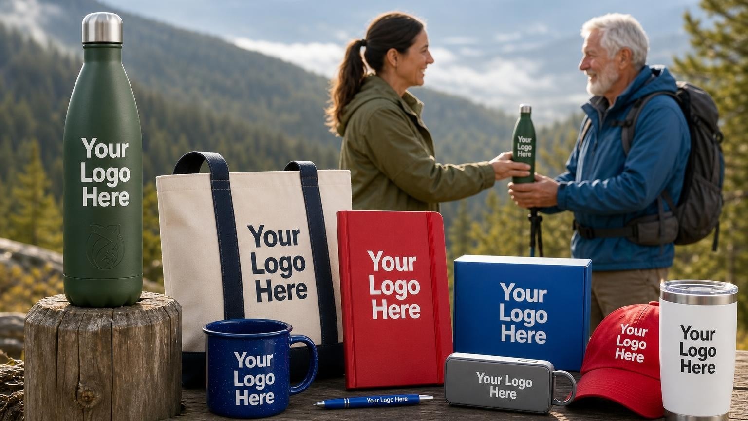 A forest-green reusable water bottle with a subtle leaf emblem rests on a rustic wooden trailhead post, with a conservation director and donor in the background.