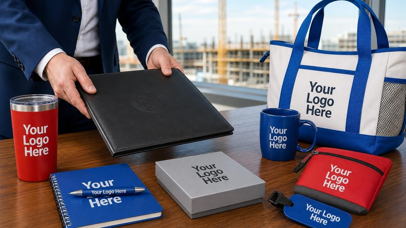 A professional leather presentation folder and metal pen on an office desk with a blurred construction site in the background.