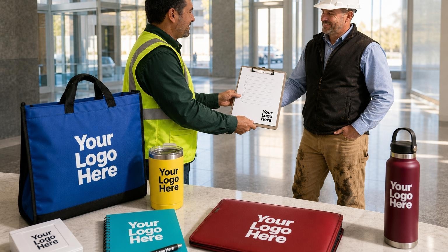 A construction cleanup crew lead handing a custom clipboard to a general contractor superintendent in a polished lobby.