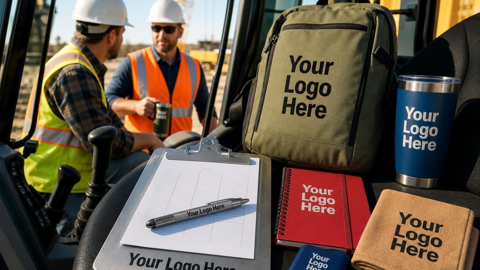 A heavy-duty aluminum clipboard and rugged metal pen resting on an excavator seat inside the operator cabin.