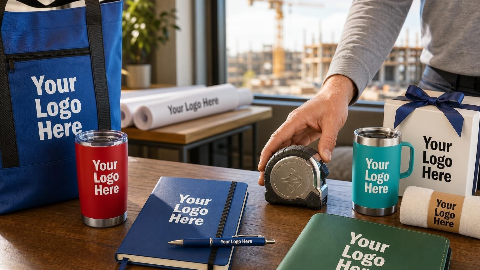 A heavy-duty steel tape measure with a custom geometric mark sitting on a wooden desk in a model home sales office with a blurred construction site visible through the window.