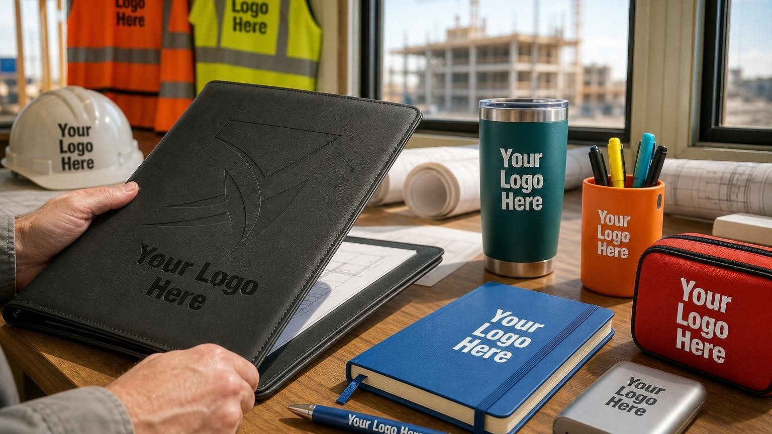 A custom-debossed leather blueprint portfolio and insulated tumbler on a desk inside a construction site trailer office with a blurred crane visible through the window.