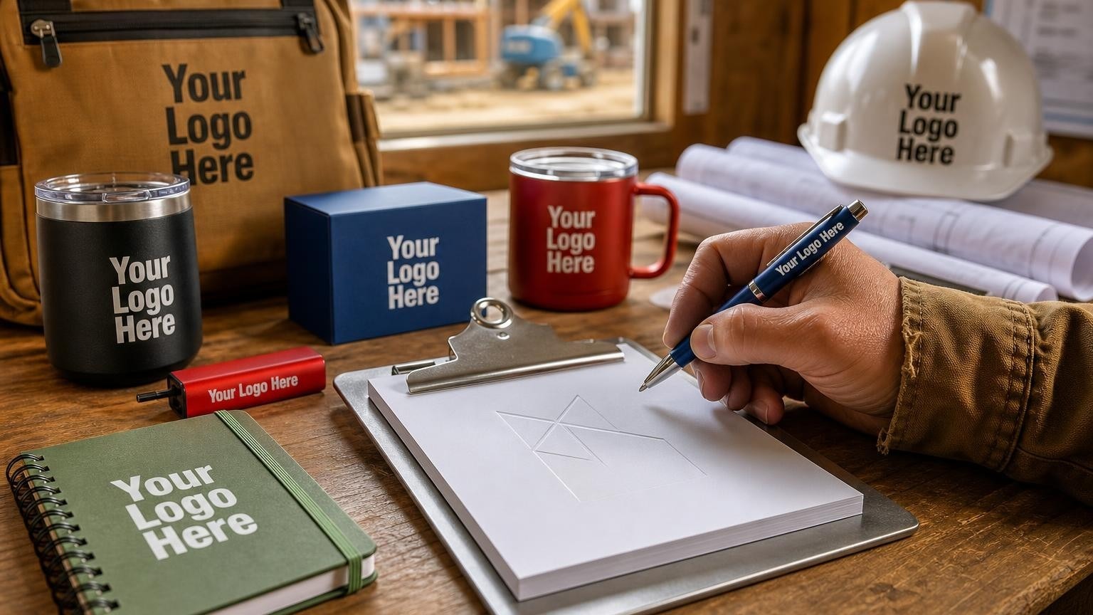 A custom-branded memo pad and metal pen on a clipboard inside a construction trailer, with blueprints and a hard hat in the background.