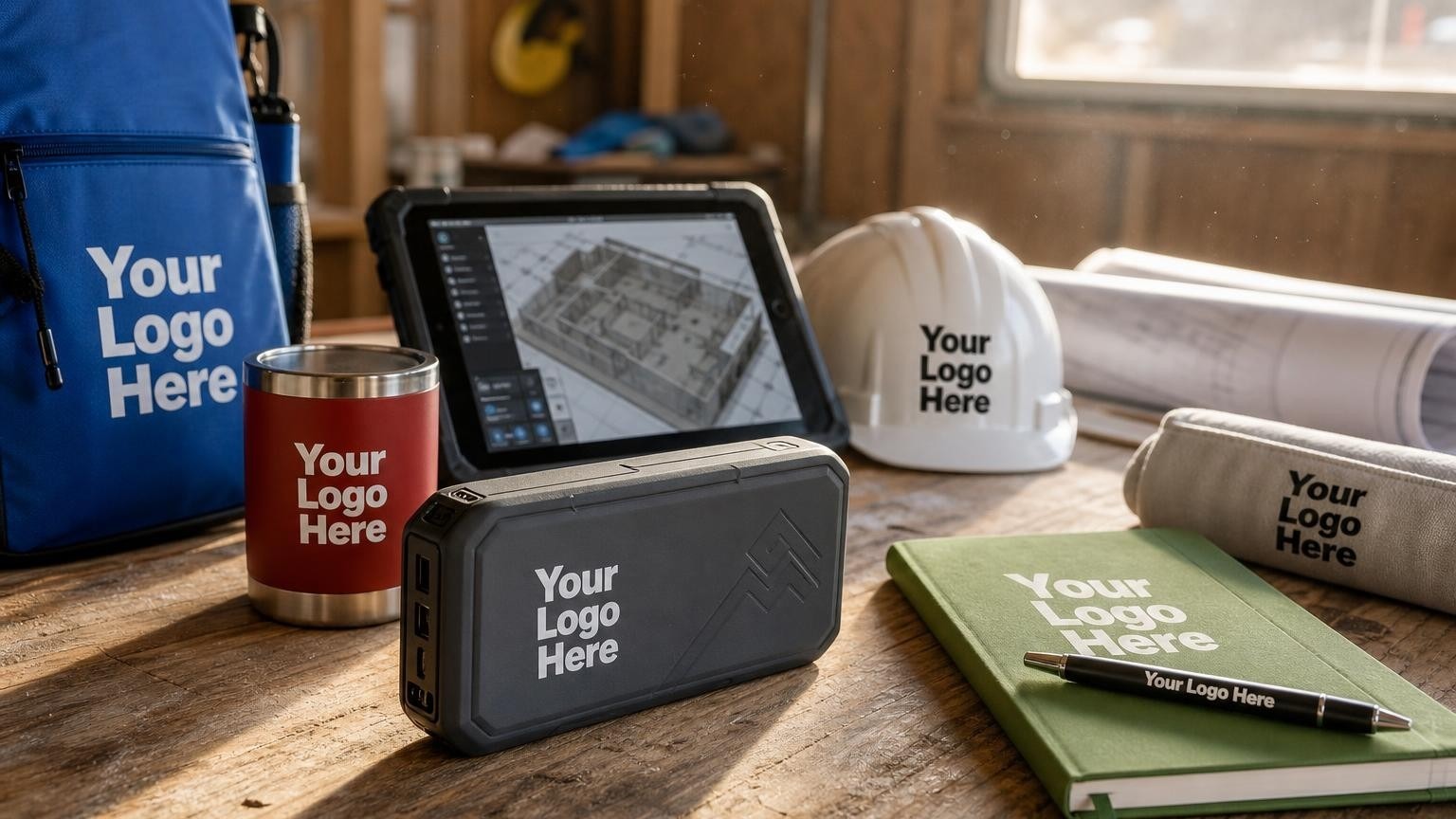 A rugged portable power bank on a blueprint table inside a construction jobsite trailer next to a tablet and hard hat.