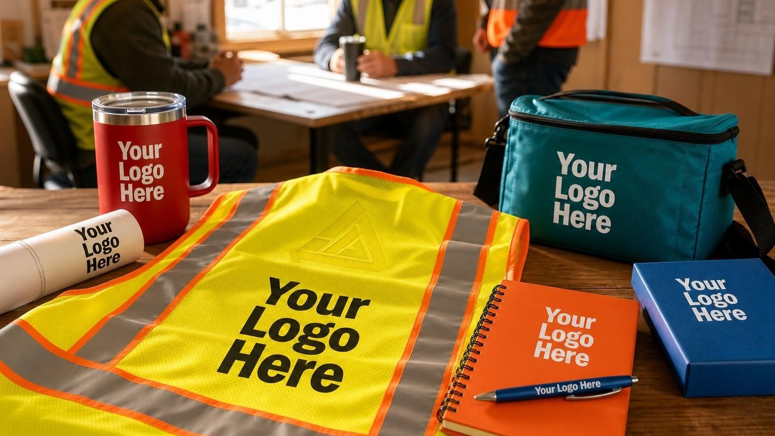 A custom high-visibility safety vest and insulated tumbler on a table inside a construction jobsite trailer.