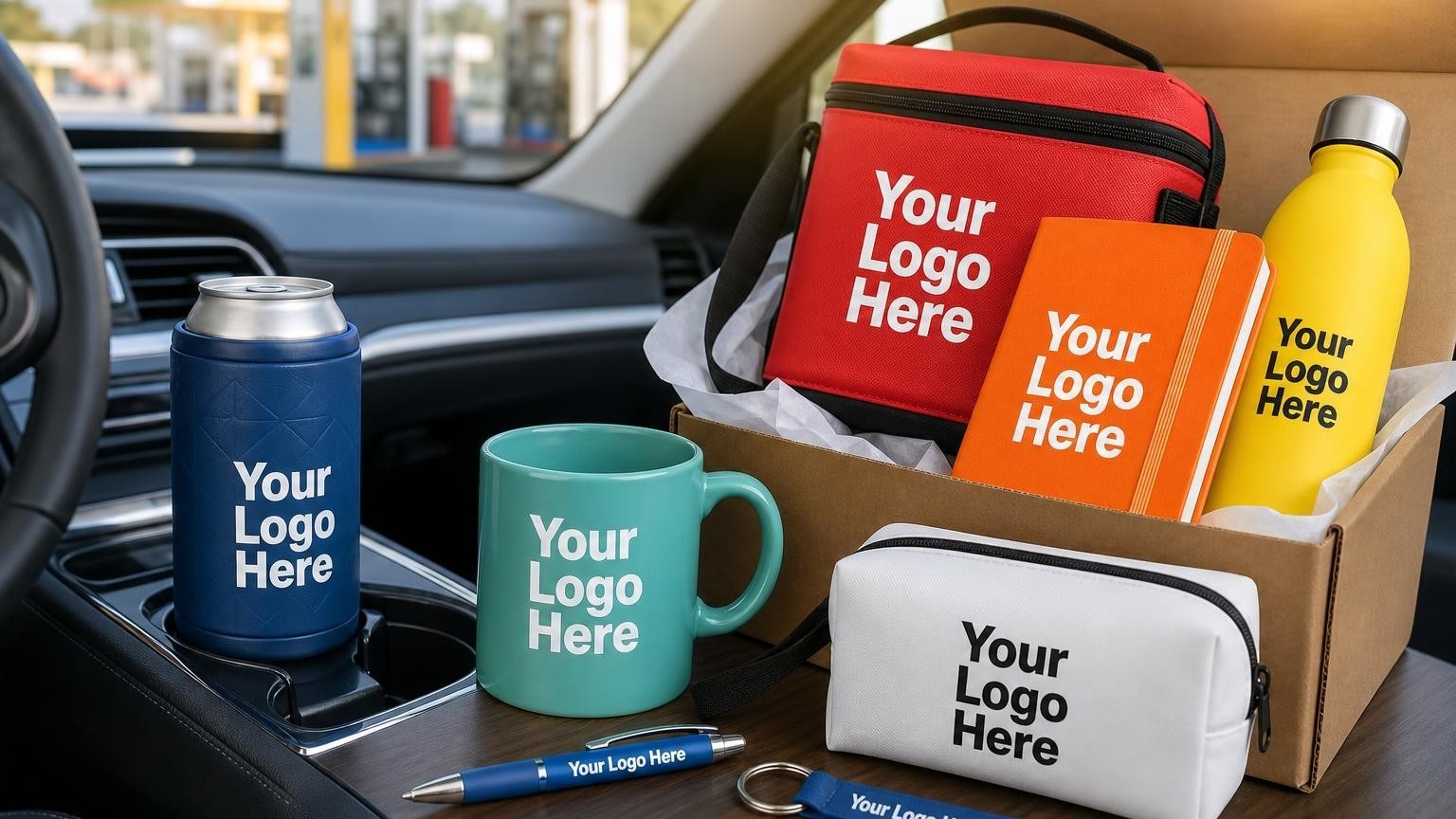 A custom insulated can cooler sitting in a vehicle cup holder with a fuel station visible in the background.