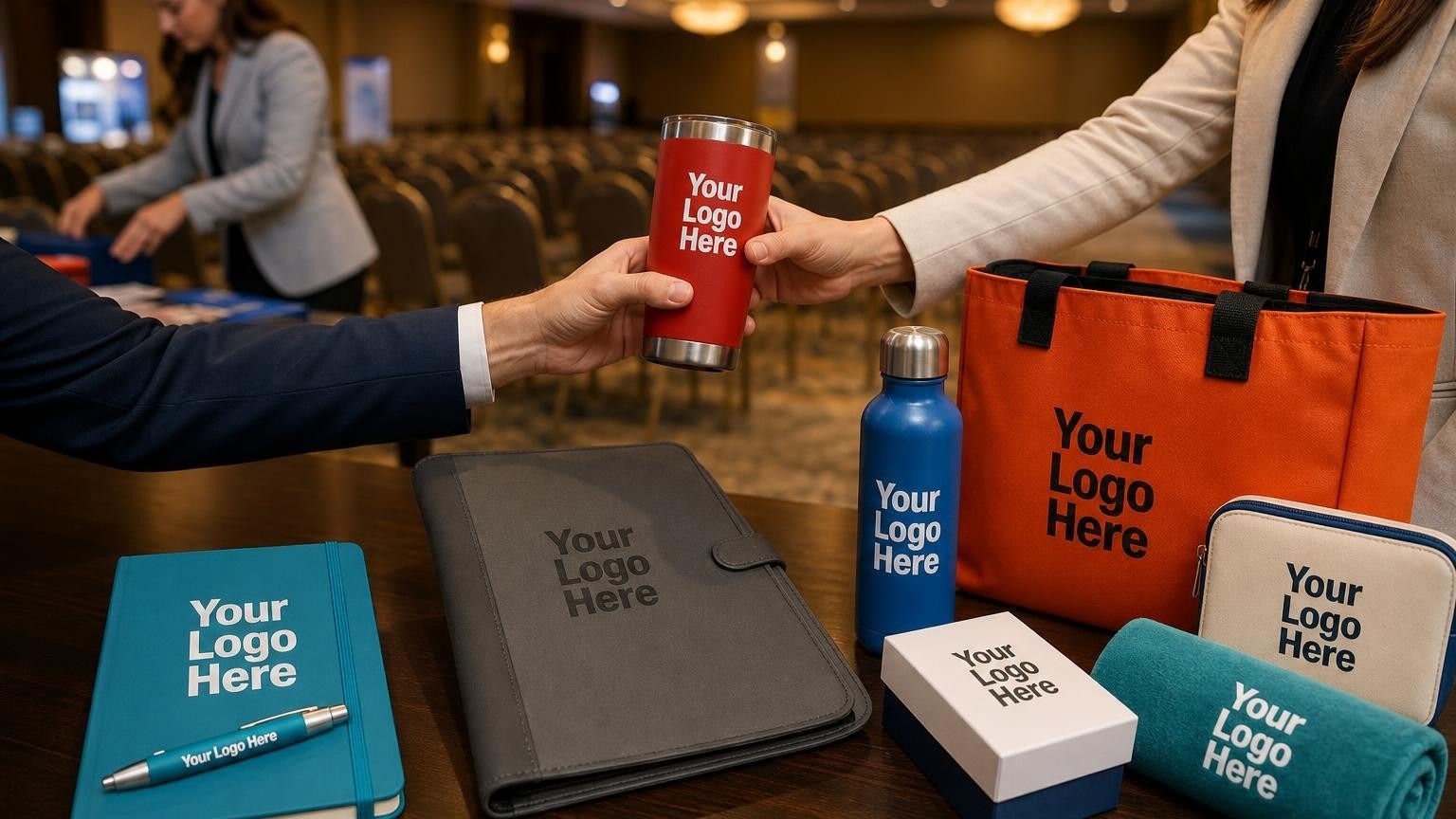 A high-quality charcoal gray portfolio with a subtle debossed emblem resting on a table in a hotel ballroom before a corporate conference.