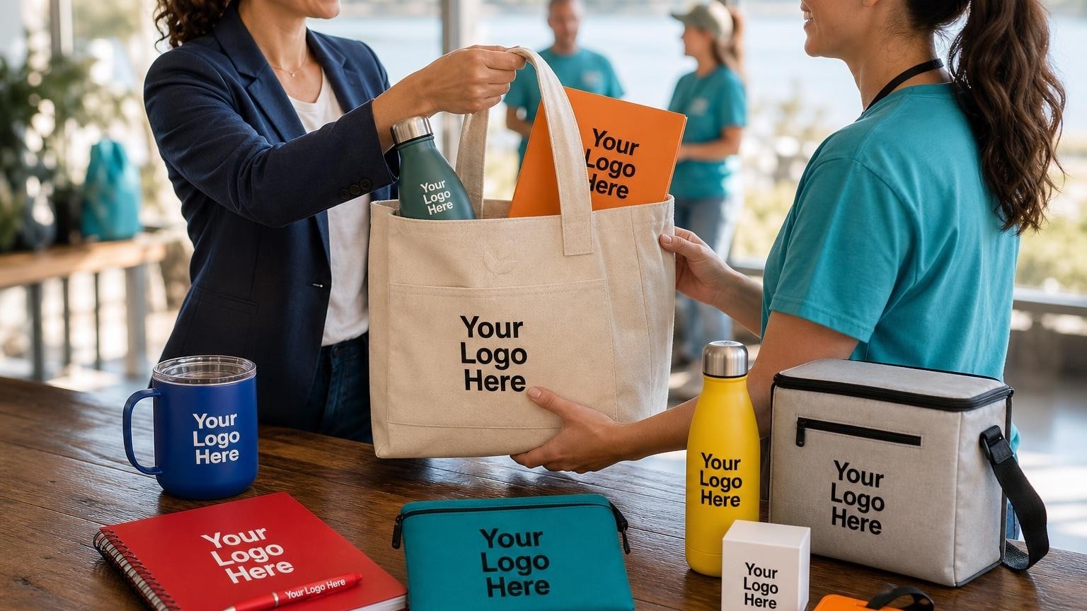 A high-quality canvas utility tote bag with a subtle debossed leaf emblem, holding a stainless steel water bottle and folder, being handed to a volunteer coordinator at an outdoor event registration table.