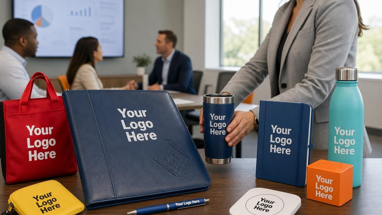 A high-grade dark blue leather padfolio and metal pen set on a polished corporate training room table, with a coordinator placing a travel mug in the background.