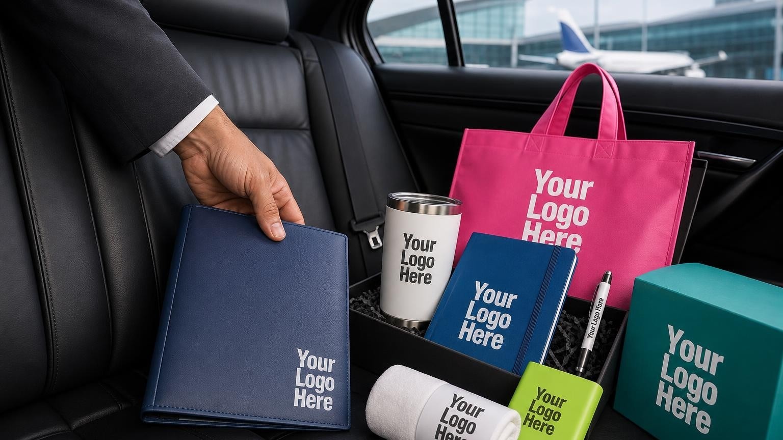 A custom black leather padfolio resting on the leather rear seat of an executive sedan, with a passenger reaching for it.