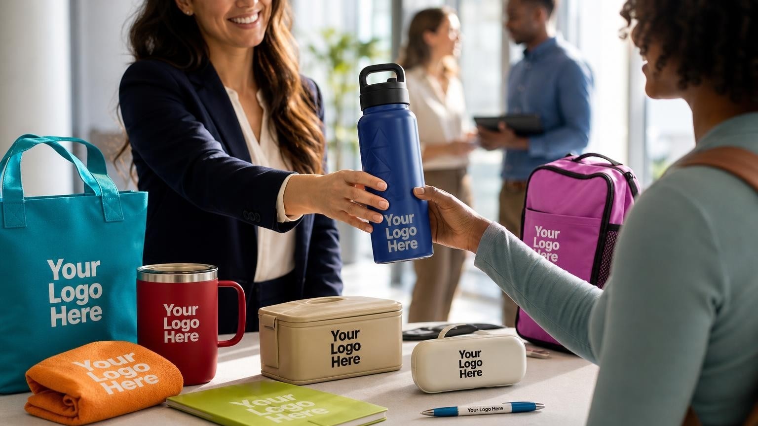 A high-quality vacuum-insulated sports water bottle being handed to an employee at a corporate health fair check-out table.