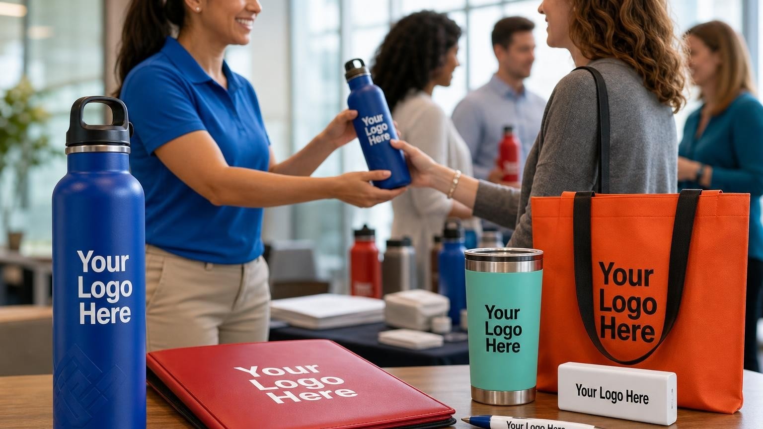 A wellness program manager handing a customized sports water bottle to an office employee at an open enrollment benefits fair.