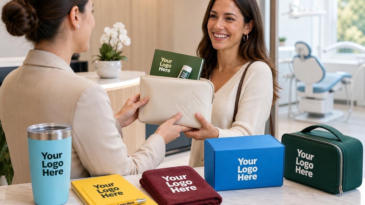 A high-end cosmetic dental office manager hands a custom-branded post-procedure care pouch to a patient in a modern, sunlit lobby.