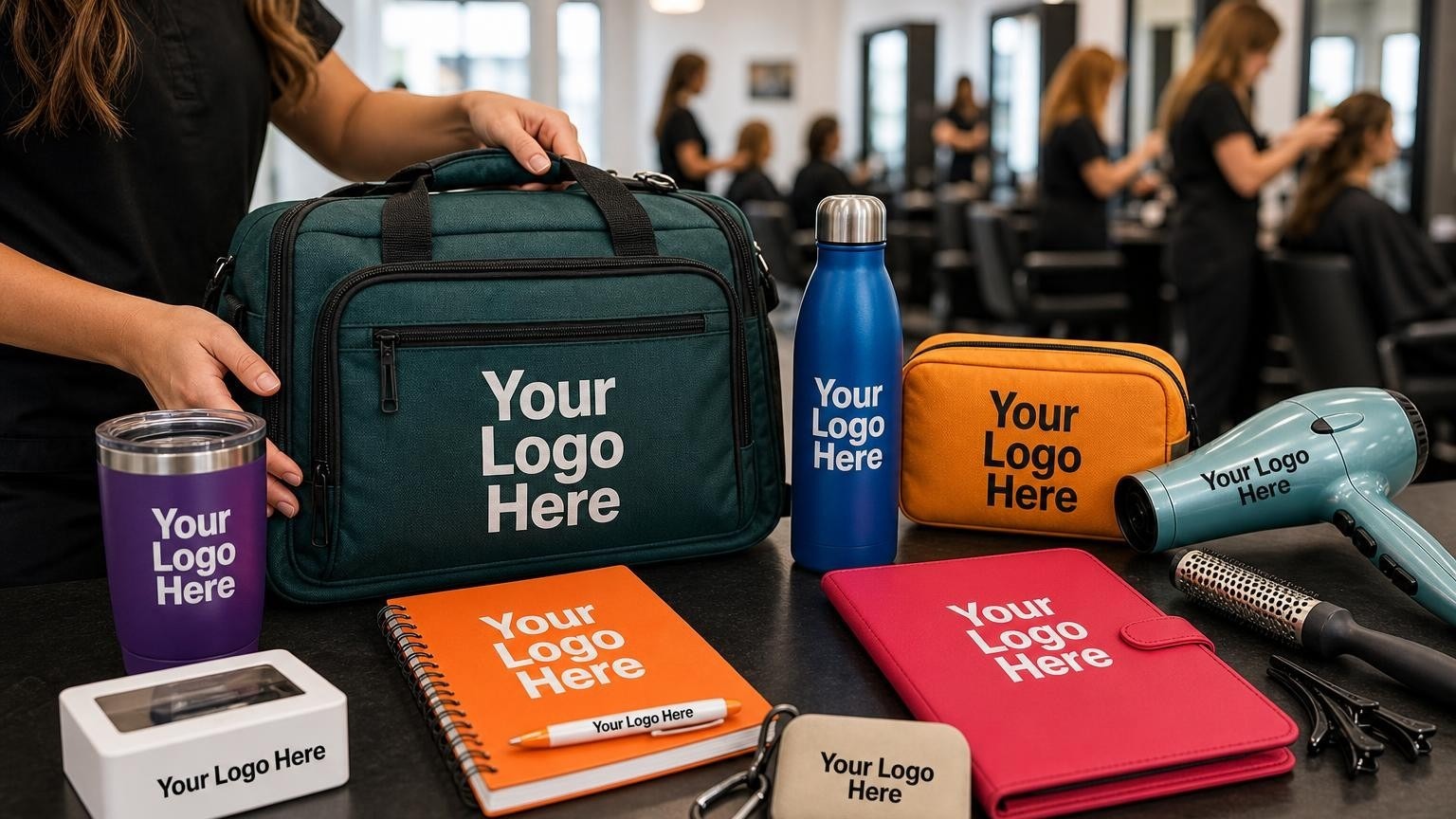 A professional black nylon cosmetology student kit bag sitting on a salon countertop next to styling tools, with a blurred beauty school clinic floor in the background.