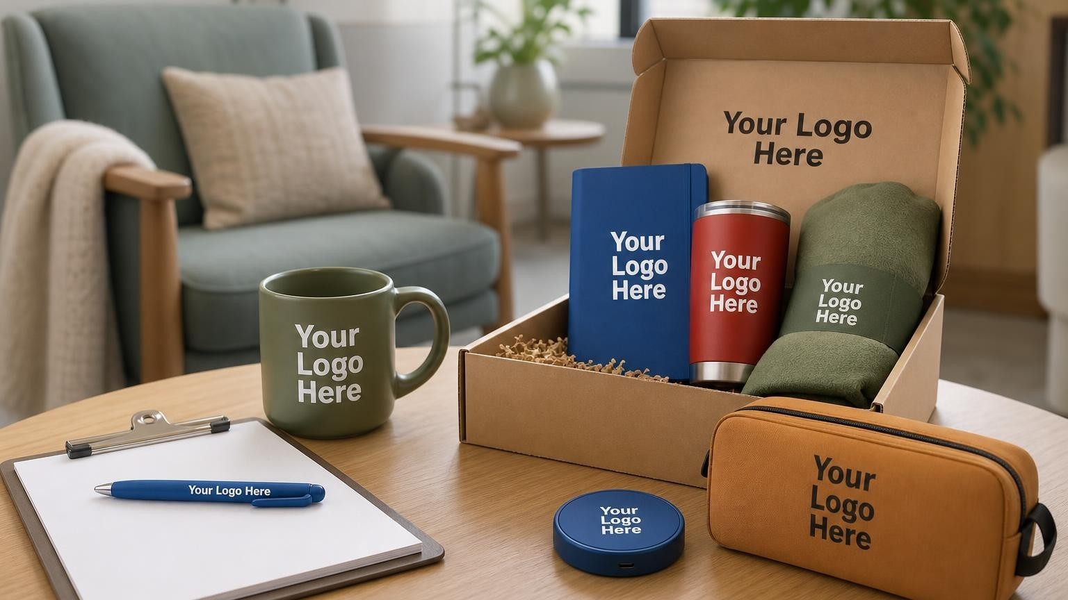 A soft-touch rubberized pen and matte ceramic mug on a waiting room side table, representing sensory grounding tools for counseling centers.