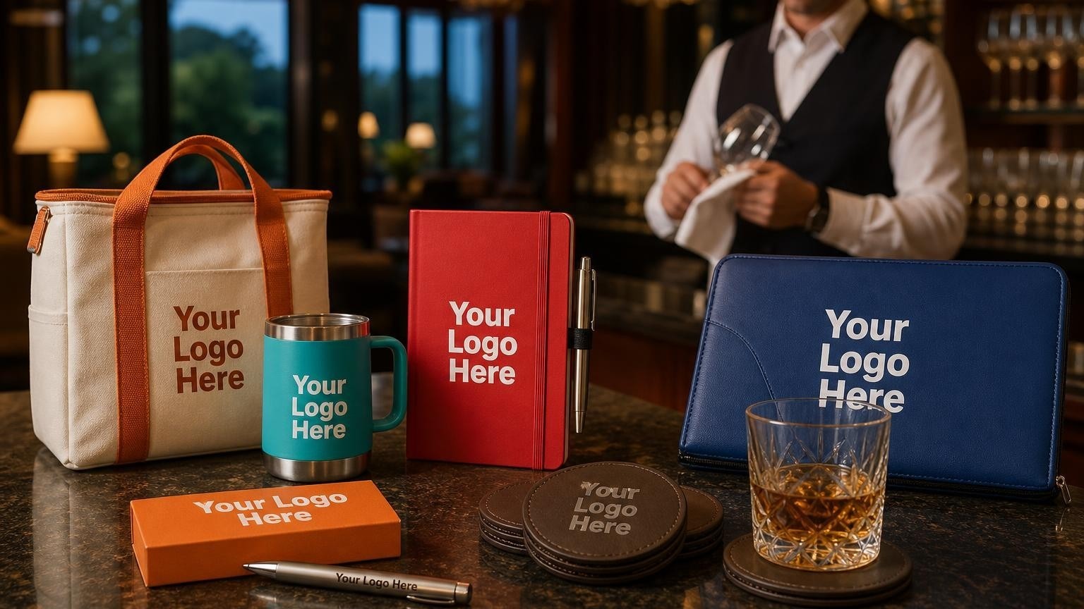 Subtly branded debossed leatherette coasters on a polished mahogany bar in a country club lounge.