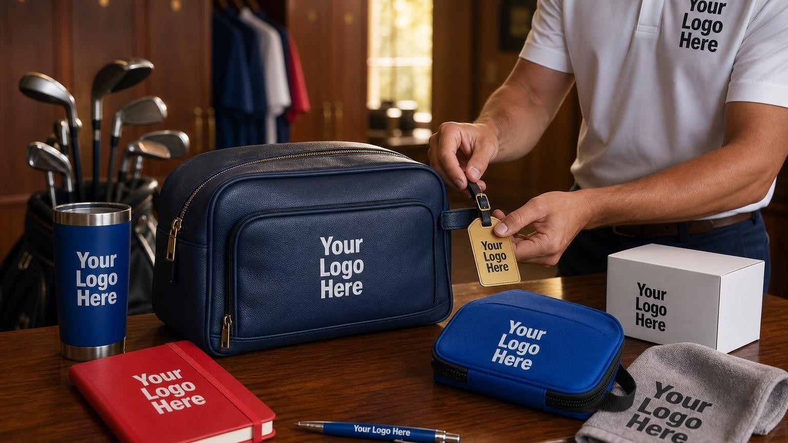 A premium custom navy leather shoe bag with a debossed crest sitting on a mahogany bench in a country club locker room.