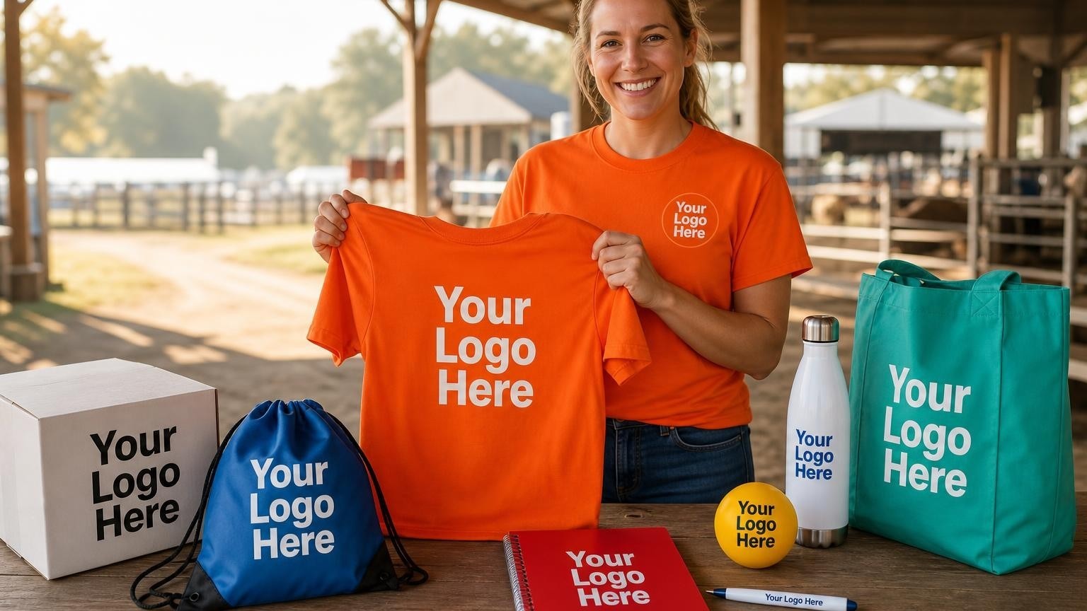 A custom safety-orange volunteer t-shirt displayed on a registration table at a county fairgrounds, ready for opening day.