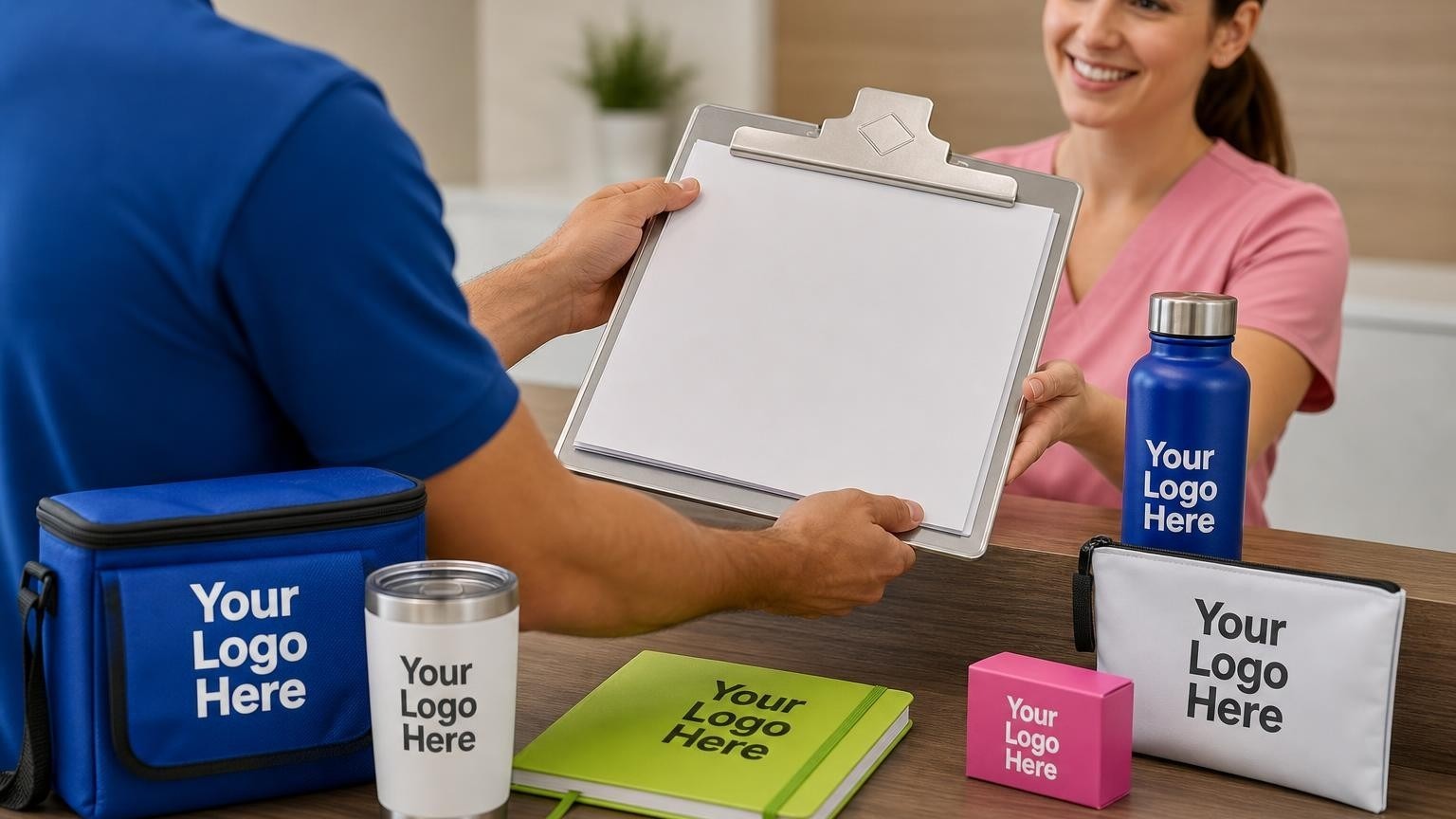 A professional courier driver handing a custom clipboard with manifests to a medical clinic receptionist for signature.