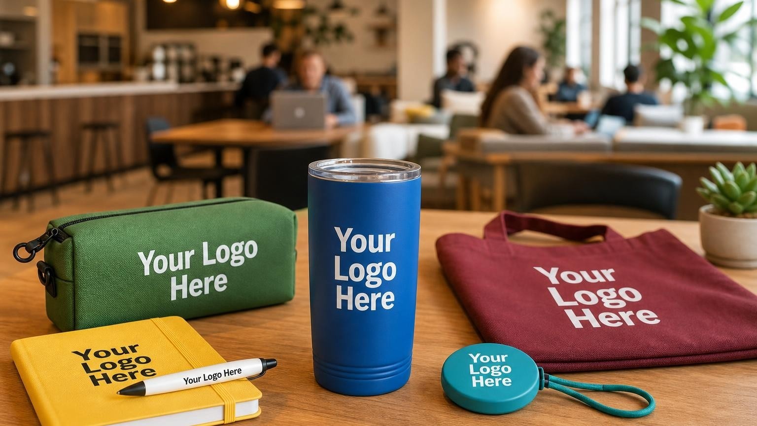 A custom matte-black travel tumbler and felt tech pouch on a modern coworking wooden desk with a blurred shared office background.