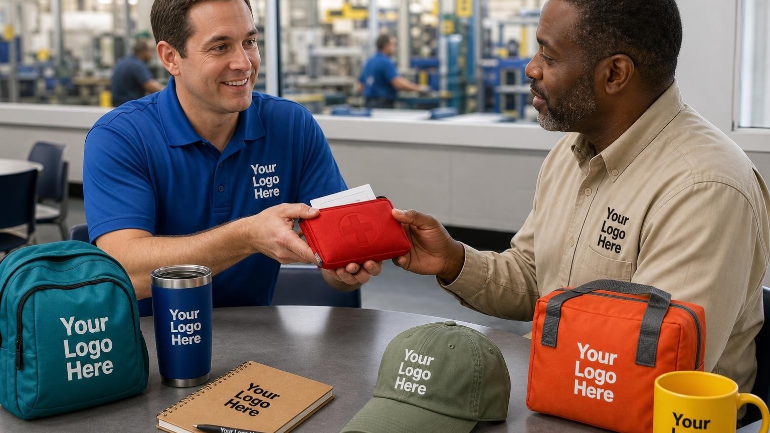 A custom branded first-aid pouch being handed to a corporate safety manager in a breakroom.