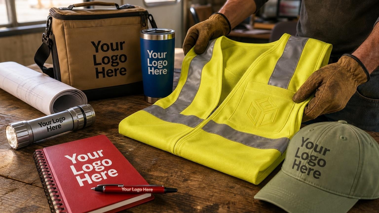 A high-visibility safety vest with a subtle custom emblem laid on a wooden table inside a construction trailer beside blueprints.