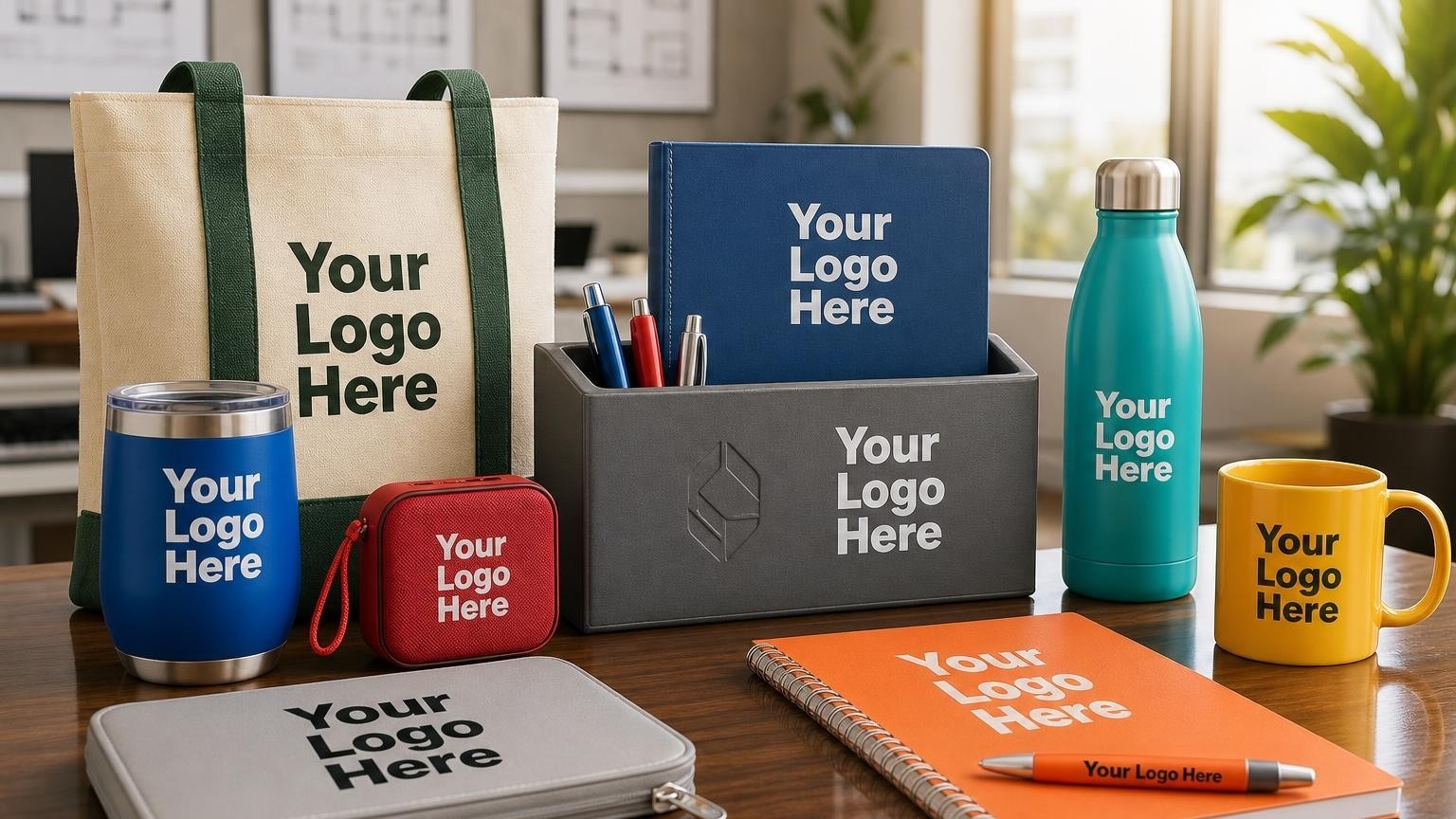 A professional desk organizer on a mortgage broker's desk, representing a strategic partner gift from a credit repair agency.