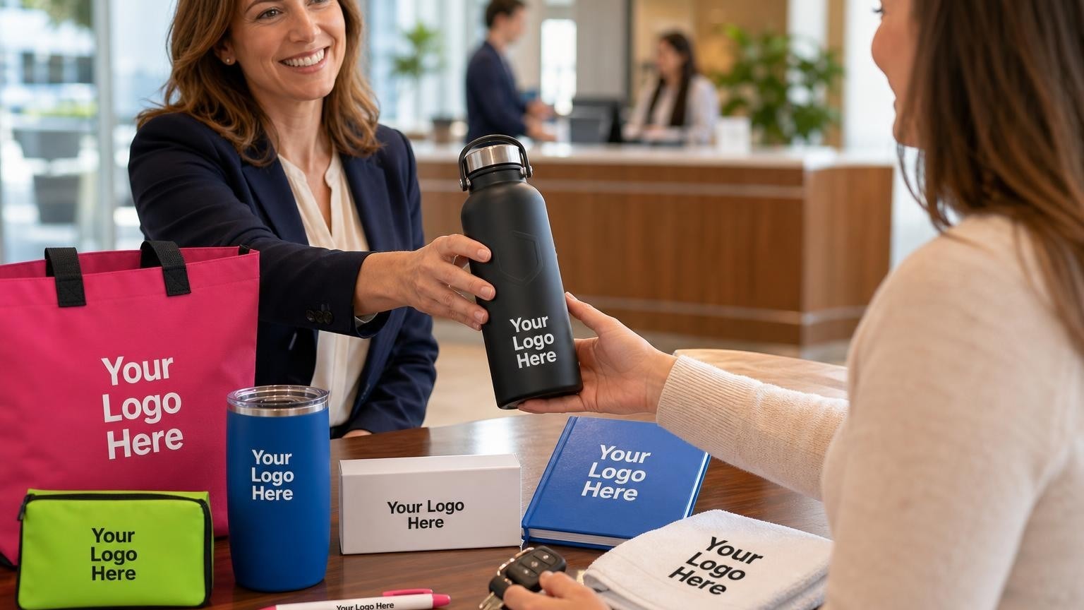 A custom aluminum water bottle being handed to a credit union member at a branch desk, representing a milestone auto loan closing.