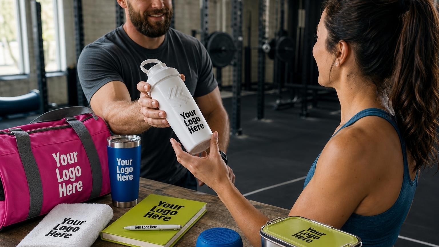 A gym coach handing a custom-branded shaker bottle to an athlete in a functional fitness facility.