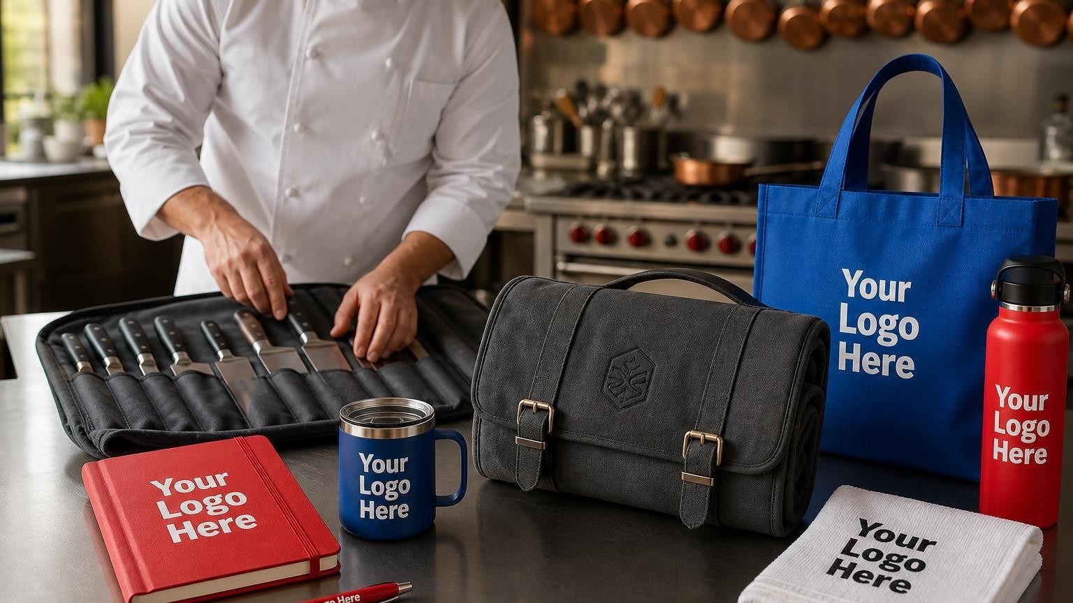 A custom-embroidered canvas knife roll resting on a stainless steel prep table in a professional culinary school kitchen.
