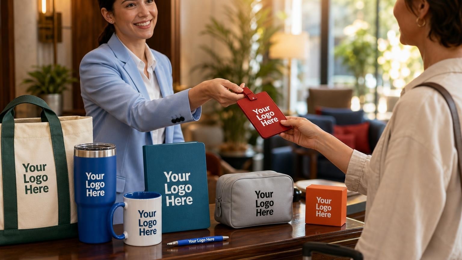 A hotel concierge hands a co-branded luggage tag to a guest at check-in, establishing a local referral pipeline.