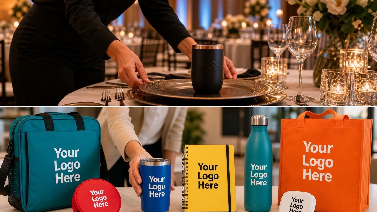 A premium matte-black copper-lined tumbler placed elegantly on a banquet dinner table setting before a VIP customer appreciation event.