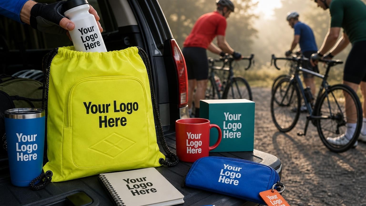 A custom high-visibility drawstring bag and squeeze water bottle being packed into a welcome kit at a misty trailhead before a group ride.
