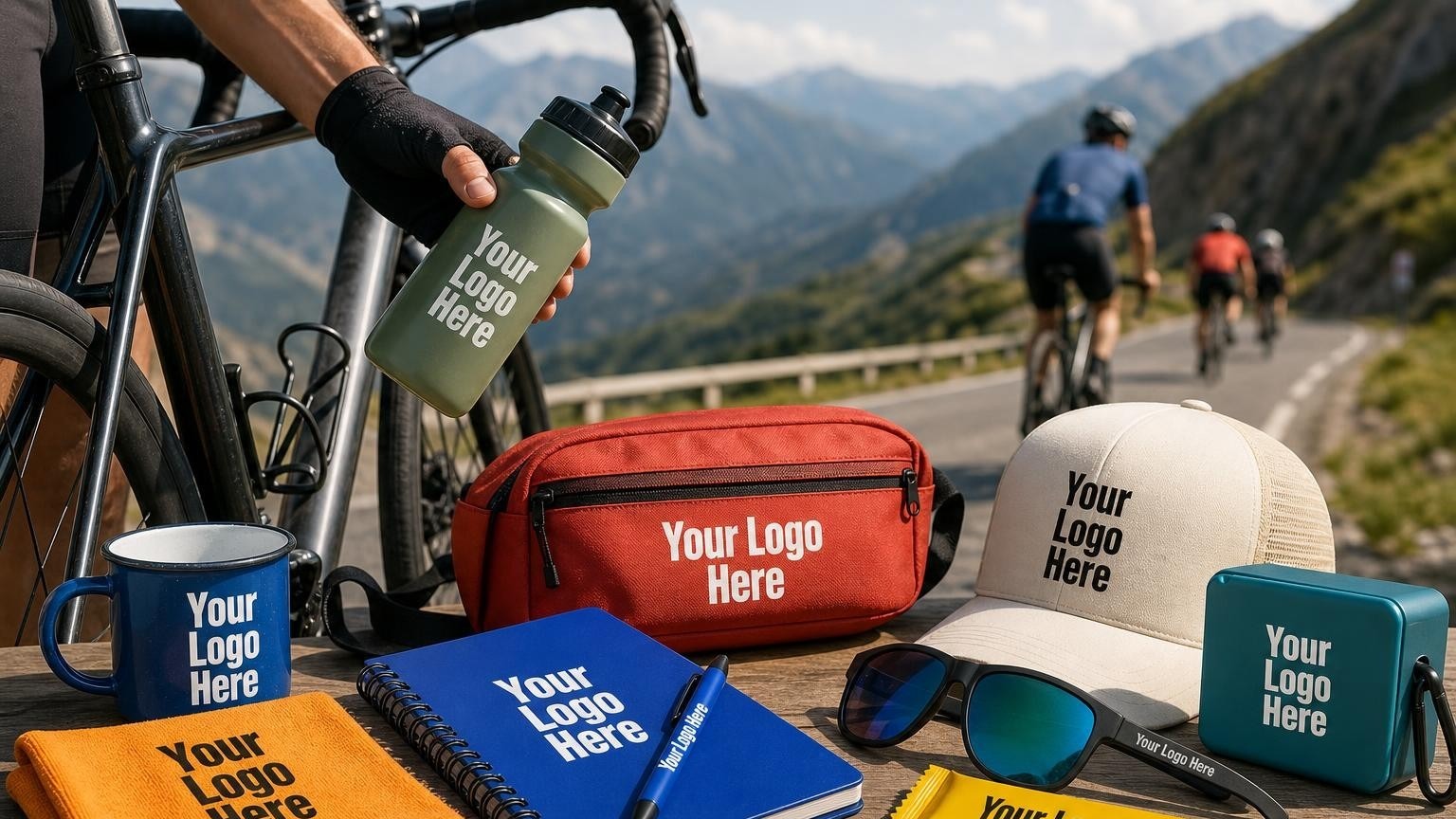 A close-up of a cyclist placing a custom-branded water bottle into a bicycle frame cage during an outdoor road race.